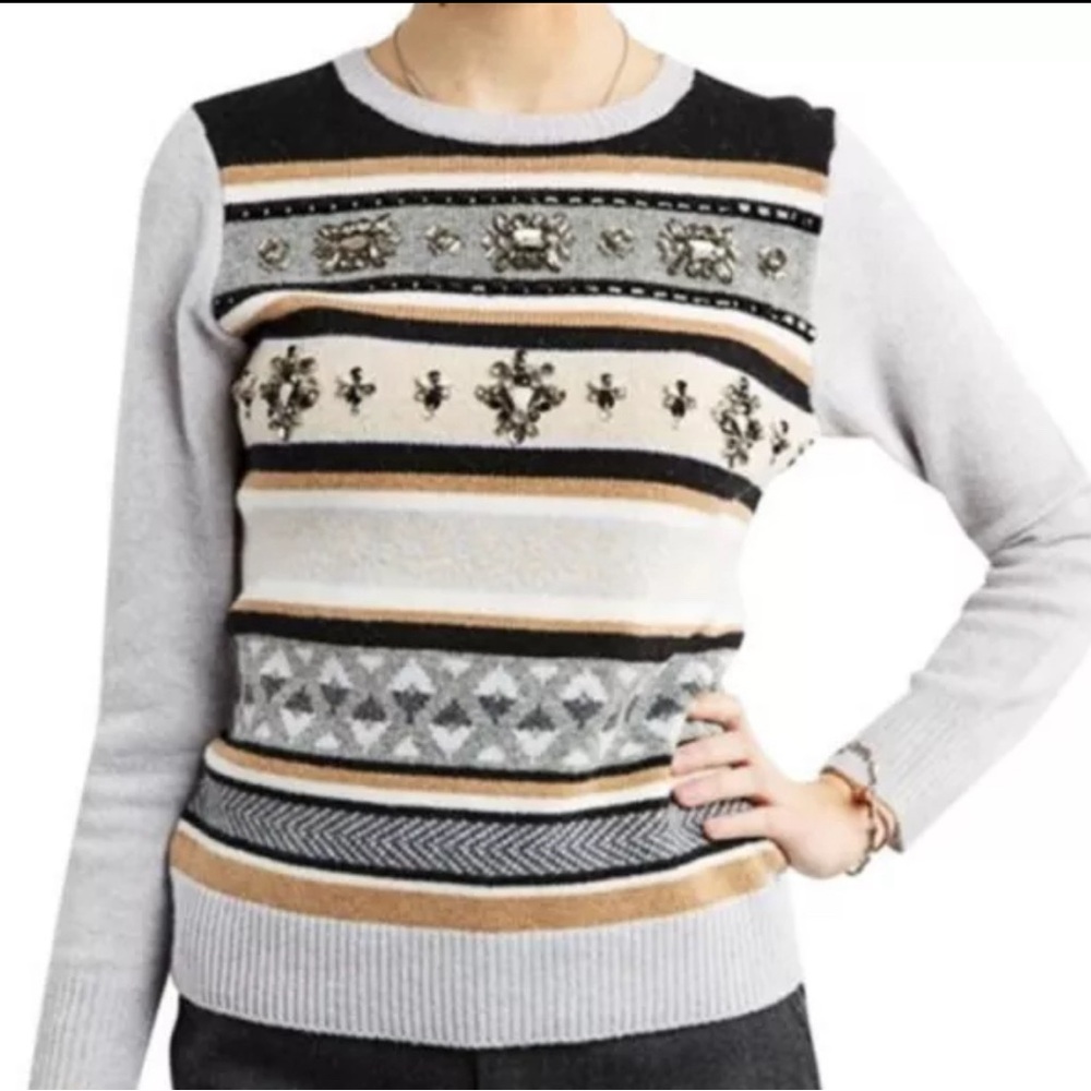 J. Crew Womens Small Wool Jeweled Fair Isle Stripe Crewneck Sweater